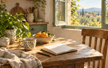 Original illustration of a sunlit kitchen table with a ceramic cup, open notebook, oranges, a leafy plant and folded linen beside an open window.