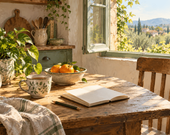 Original illustration of a sunlit kitchen table with a ceramic cup, open notebook, oranges, a leafy plant and folded linen beside an open window.