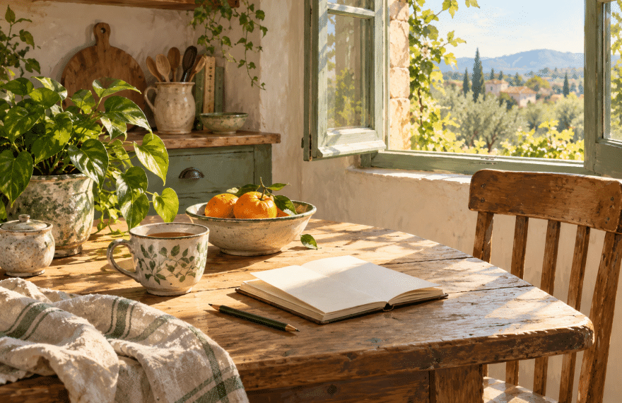 Original illustration of a sunlit kitchen table with a ceramic cup, open notebook, oranges, a leafy plant and folded linen beside an open window.