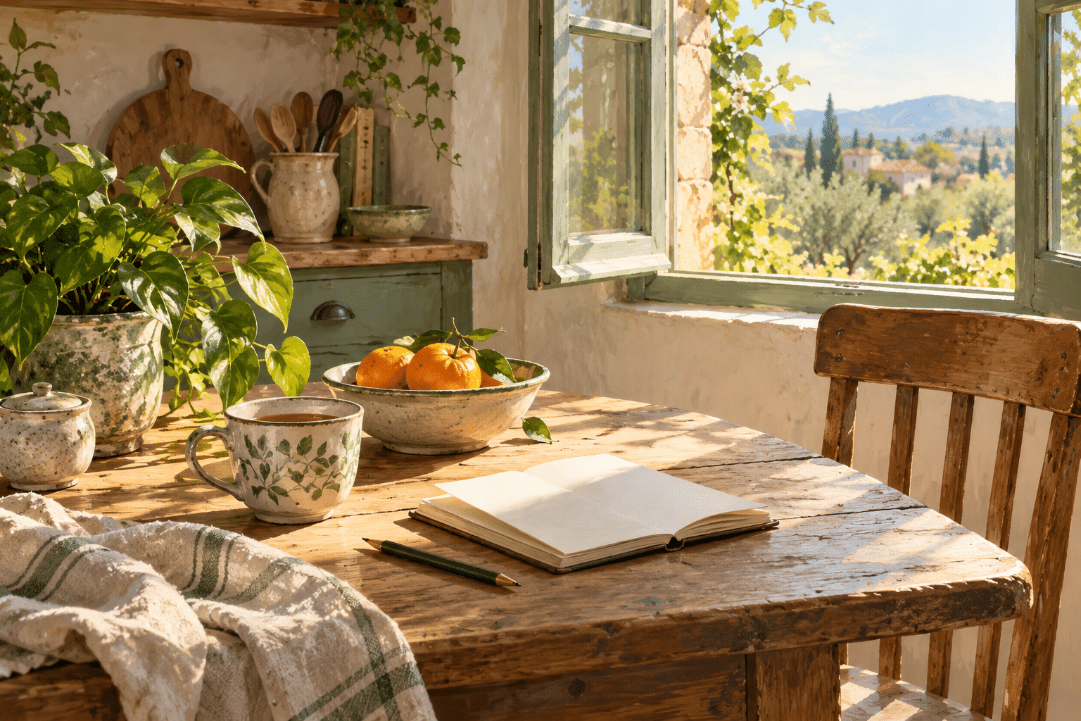 Original illustration of a sunlit kitchen table with a ceramic cup, open notebook, oranges, a leafy plant and folded linen beside an open window.