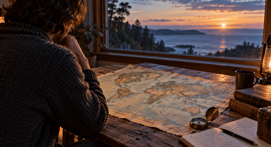 A person studies a world map and compass beside a sunlit window