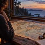 A person studies a world map and compass beside a sunlit window