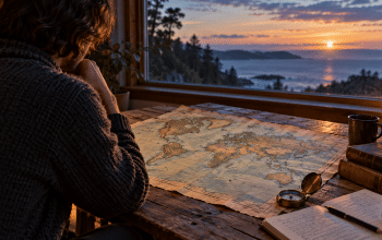 A person studies a world map and compass beside a sunlit window