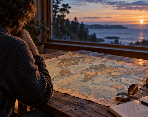 A person studies a world map and compass beside a sunlit window