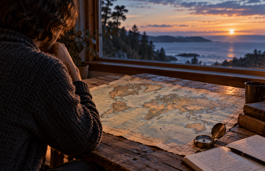 A person studies a world map and compass beside a sunlit window