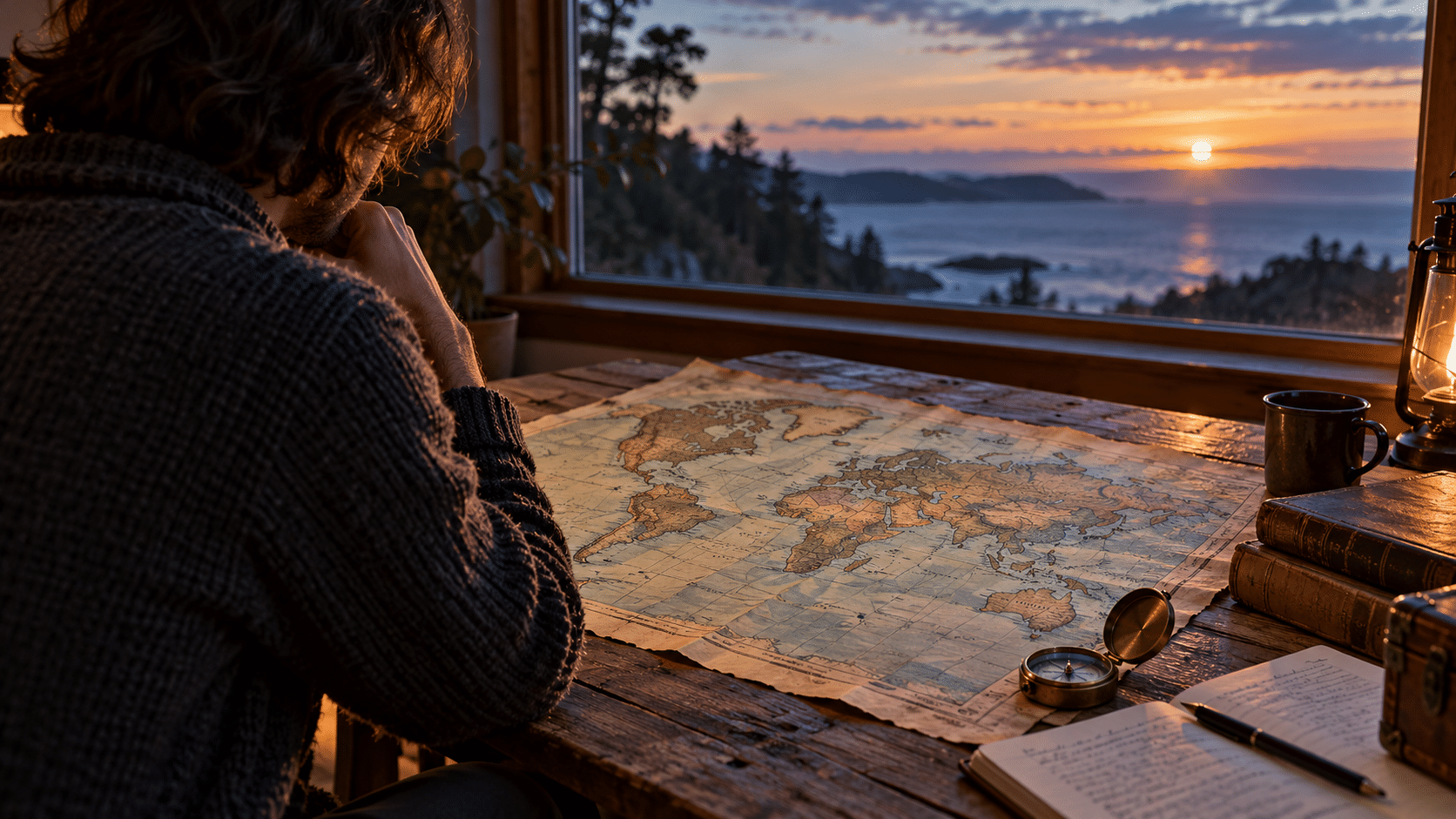 A person studies a world map and compass beside a sunlit window