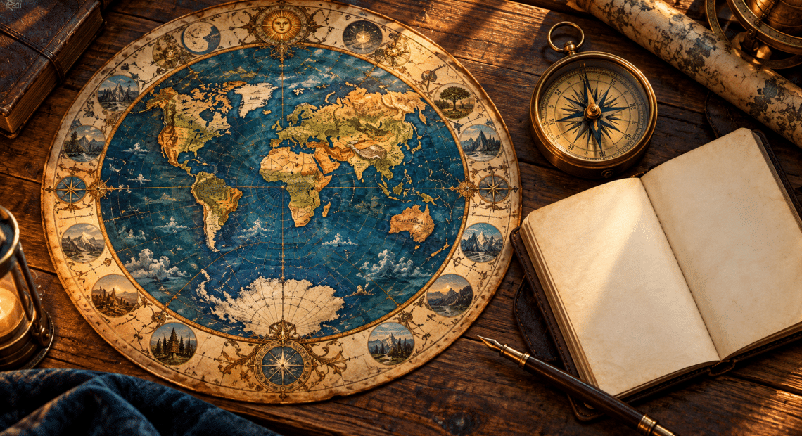 Conceptual antique circular world map with a compass and blank notebook