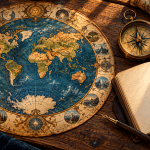 Conceptual antique circular world map with a compass and blank notebook
