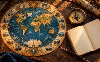 Conceptual antique circular world map with a compass and blank notebook