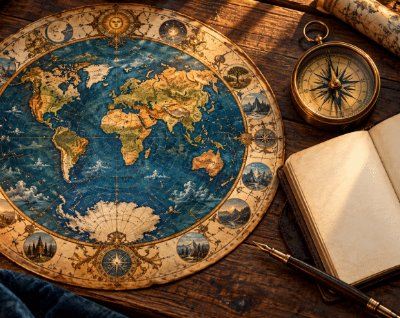 Conceptual antique circular world map with a compass and blank notebook