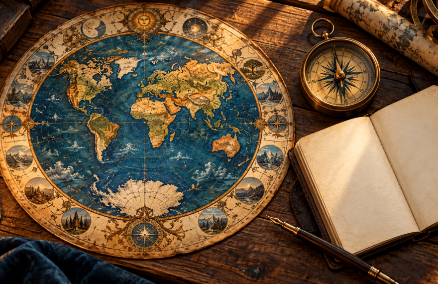 Conceptual antique circular world map with a compass and blank notebook