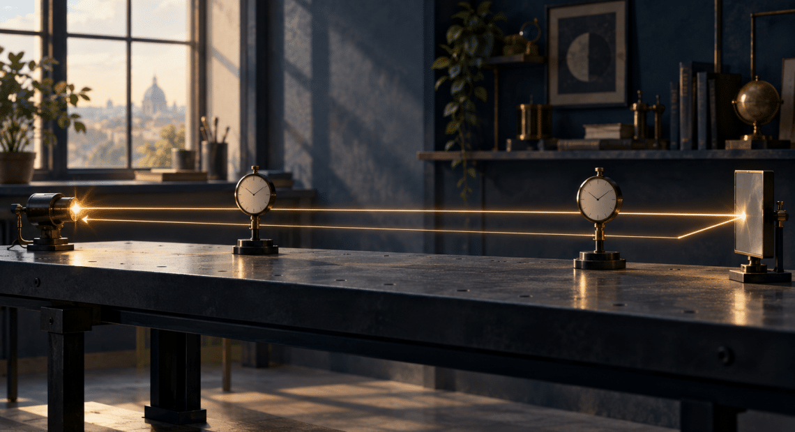 Conceptual illustration of two clocks beside a warm light path between a source and a mirror on a laboratory bench.