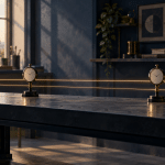 Conceptual illustration of two clocks beside a warm light path between a source and a mirror on a laboratory bench.