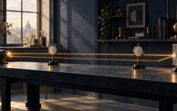 Conceptual illustration of two clocks beside a warm light path between a source and a mirror on a laboratory bench.