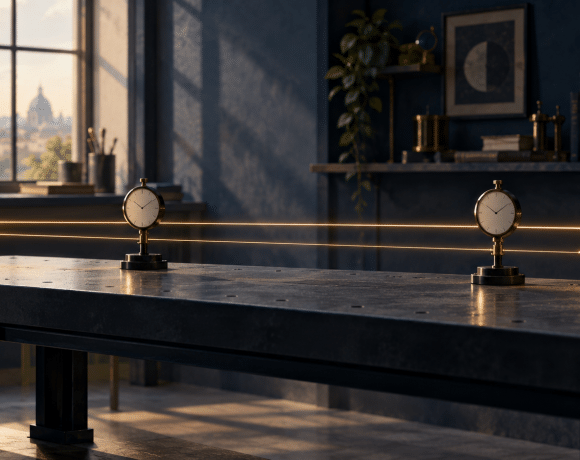 Conceptual illustration of two clocks beside a warm light path between a source and a mirror on a laboratory bench.
