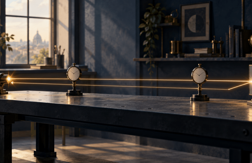 Conceptual illustration of two clocks beside a warm light path between a source and a mirror on a laboratory bench.
