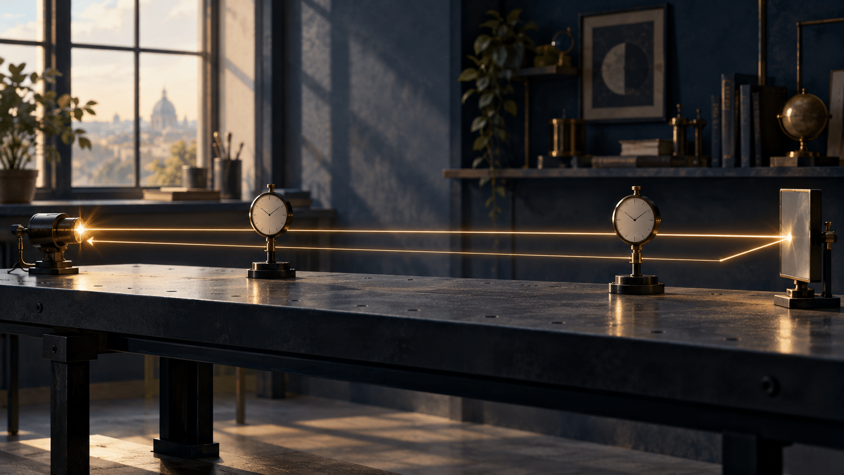 Conceptual illustration of two clocks beside a warm light path between a source and a mirror on a laboratory bench.