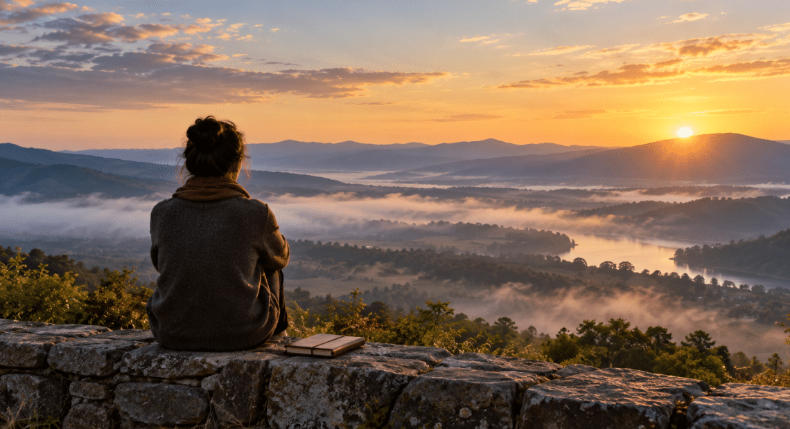 A person seated on a hillside overlooking a misty valley at sunrise