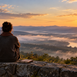 A person seated on a hillside overlooking a misty valley at sunrise