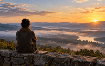A person seated on a hillside overlooking a misty valley at sunrise