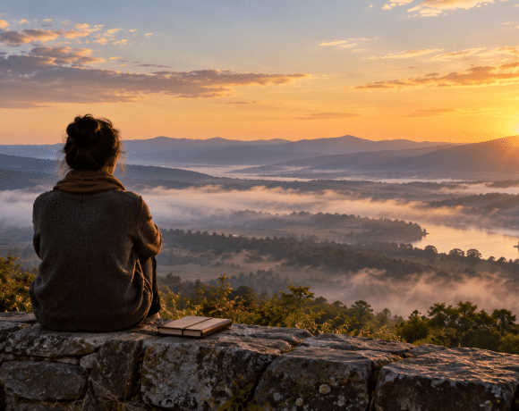 A person seated on a hillside overlooking a misty valley at sunrise