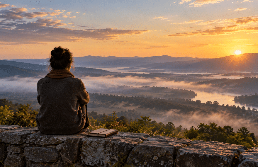 A person seated on a hillside overlooking a misty valley at sunrise