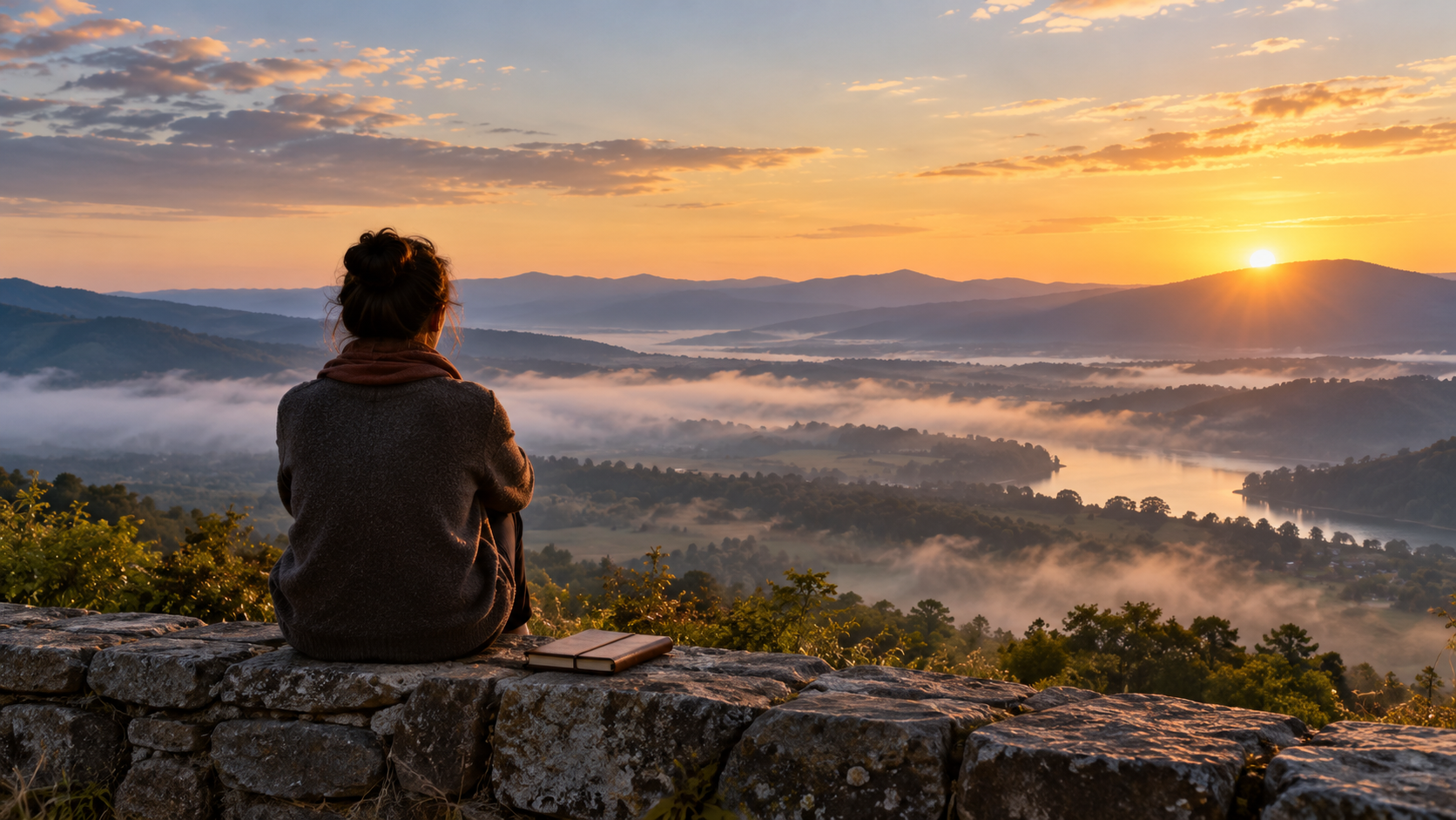A person seated on a hillside overlooking a misty valley at sunrise