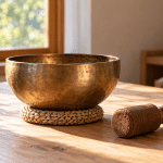 Bronze singing bowl on a woven cushion beside a wooden mallet in warm window light