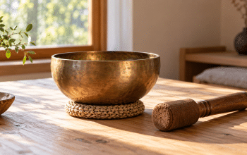 Bronze singing bowl on a woven cushion beside a wooden mallet in warm window light