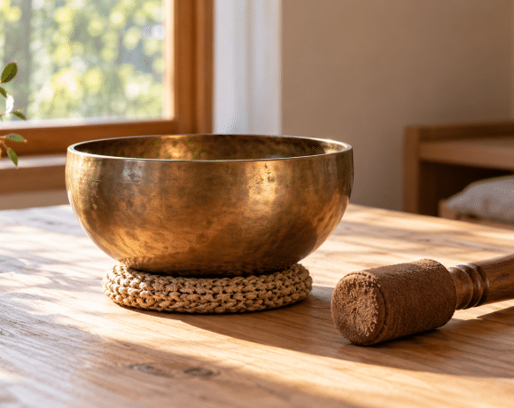 Bronze singing bowl on a woven cushion beside a wooden mallet in warm window light