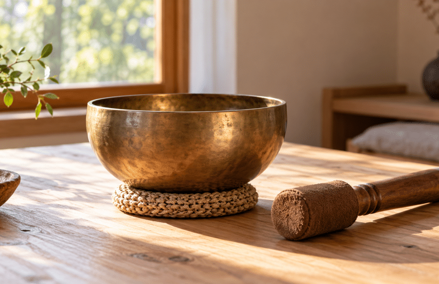 Bronze singing bowl on a woven cushion beside a wooden mallet in warm window light