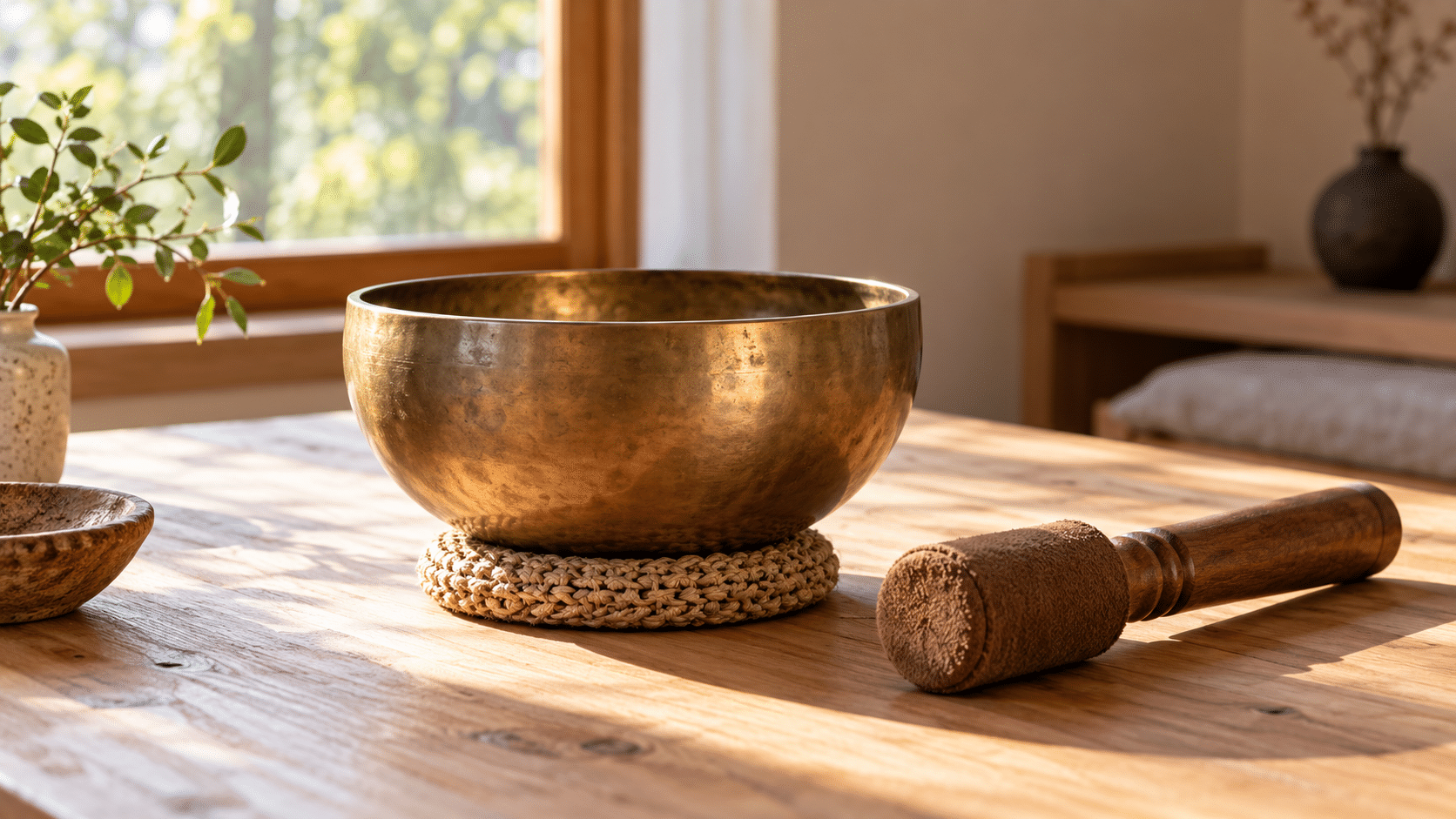 Bronze singing bowl on a woven cushion beside a wooden mallet in warm window light