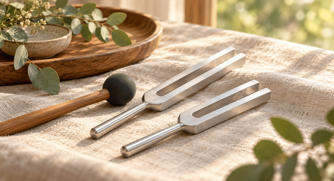 Conceptual silver tuning forks and a rubber activator on linen in morning light