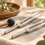 Conceptual silver tuning forks and a rubber activator on linen in morning light