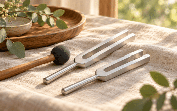 Conceptual silver tuning forks and a rubber activator on linen in morning light
