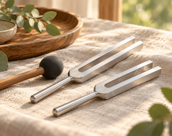 Conceptual silver tuning forks and a rubber activator on linen in morning light