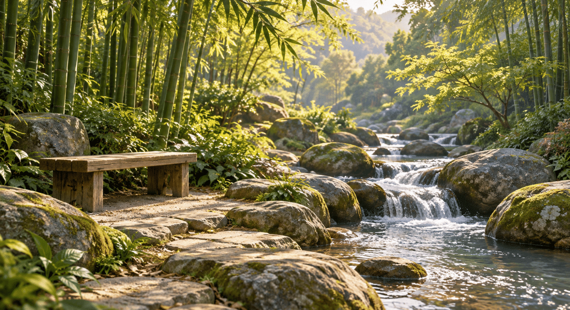 Imagined stream curving around smooth rocks beside an empty wooden bench in a bamboo garden