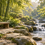 Imagined stream curving around smooth rocks beside an empty wooden bench in a bamboo garden
