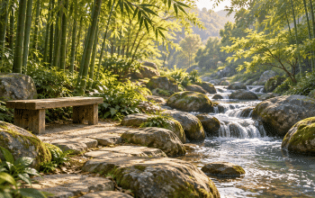 Imagined stream curving around smooth rocks beside an empty wooden bench in a bamboo garden