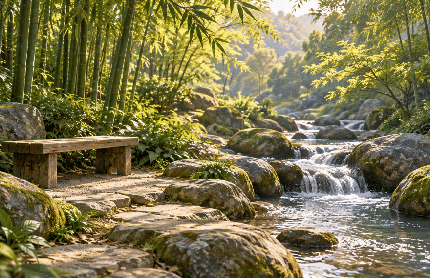 Imagined stream curving around smooth rocks beside an empty wooden bench in a bamboo garden