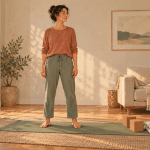 Illustration of an adult standing on a green yoga mat in a sunlit living room, with two cork blocks and folded blankets beside the mat.