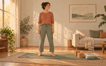 Illustration of an adult standing on a green yoga mat in a sunlit living room, with two cork blocks and folded blankets beside the mat.
