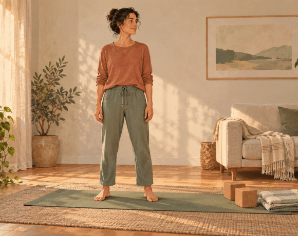 Illustration of an adult standing on a green yoga mat in a sunlit living room, with two cork blocks and folded blankets beside the mat.
