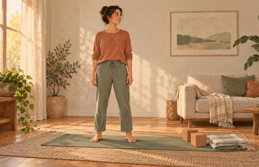 Illustration of an adult standing on a green yoga mat in a sunlit living room, with two cork blocks and folded blankets beside the mat.