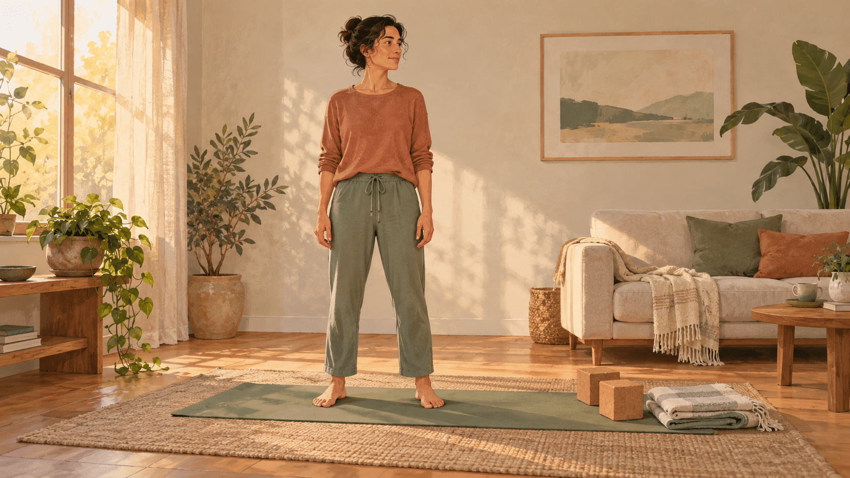 Illustration of an adult standing on a green yoga mat in a sunlit living room, with two cork blocks and folded blankets beside the mat.